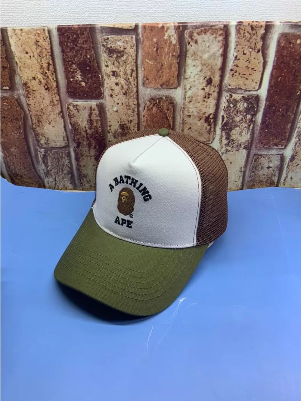 Bape Trucker Hat in White, Olive Green & Brown